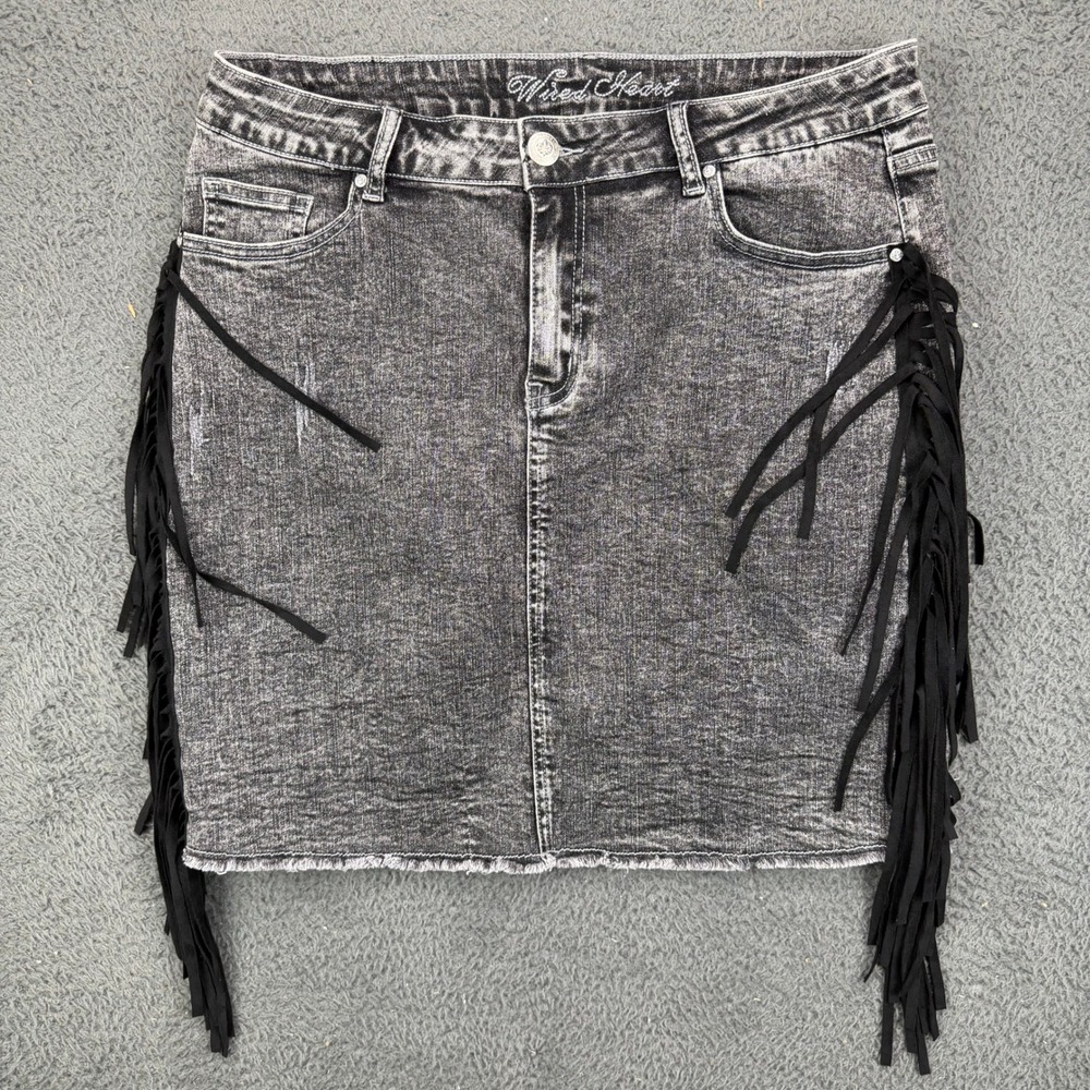 Wired Heart‎ Womens Gray Acid Wash Denim Mini Skirt with Black Side Fringe Sz 32